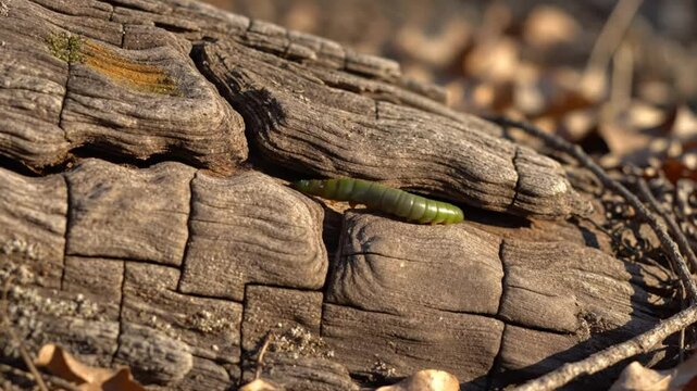 Close-up of a vibrant green caterpillar crawling on a weathered piece of wood among fallen leaves in natural sunlight