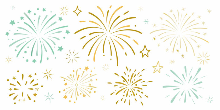 watercolor style fireworks in teal and gold with scattered stars on a white background