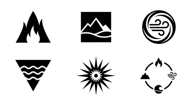 Elemental Symbols Vector Icons: Fire, Water, Earth, Air, Sun, Cycle