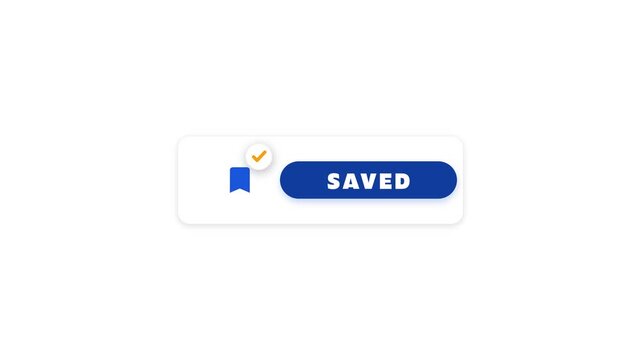 Bookmark save button click animation with cobalt blue editorial card and amber checkmark on white background for luma key overlay compositing in 4K