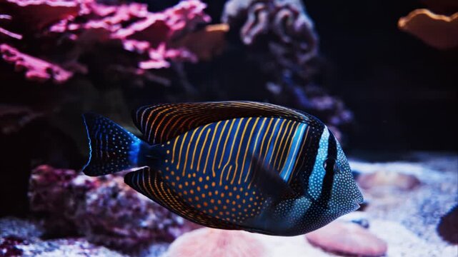 Beautiful sailfin tang fish swimming gracefully through aquarium reef habitat.