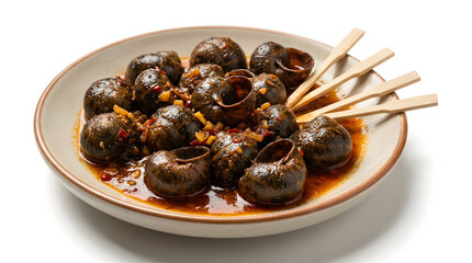 Fototapeta premium Traditional Maltese Bebbux bl-Arjoli, snails in rich garlic and chili sauce, with picks, isolated on white background