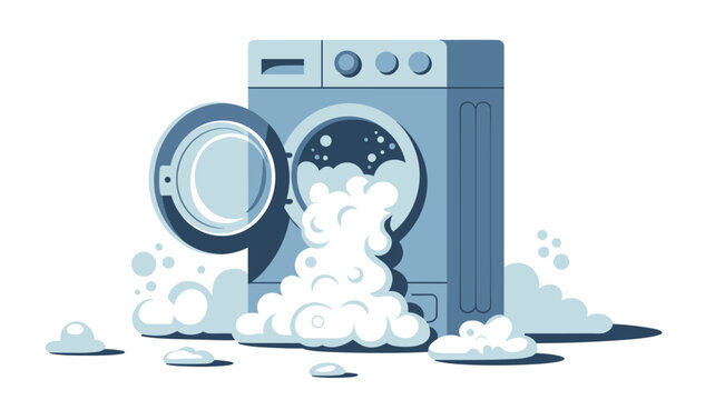 A blue front-loading washing machine with an open door is overflowing with thick white soapy foam in a clean and bright studio environment with blue tones.