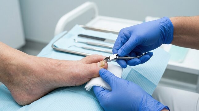 Podiatrist trimming toenails with specialized clippers for foot care treatment