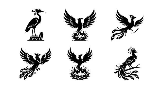 Mythical Phoenix Bird Vector Icons, Majestic Heron, Fire Symbol, Black Silhouette Set