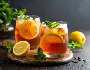 Fototapeta premium Refreshing Iced Tea with Lemon Slices and Mint Leaves on Rustic Wooden Table