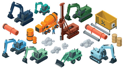 Isometric construction equipment and machinery set on white background © MD REZAUL KARIM