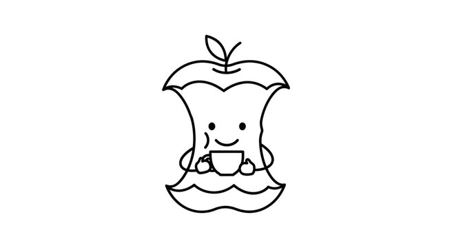 Cute apple core character holding a coffee cup, cartoon style