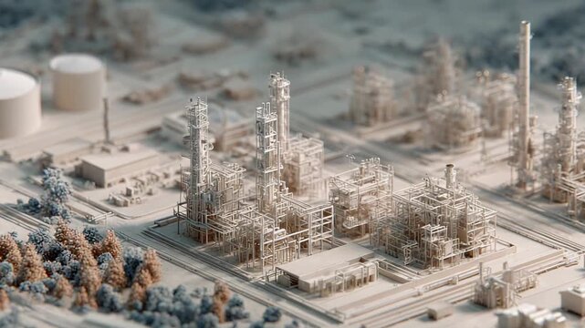 Complex industrial chemical plant model featuring distillation towers, extensive pipe networks, and storage tanks, symbolizing energy production and manufacturing processes