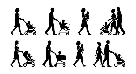 Fototapeta premium Family Silhouettes: Parents with Strollers, Babies, and Children Icons