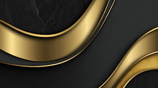 Elegant abstract composition featuring flowing curves of black and metallic gold textures