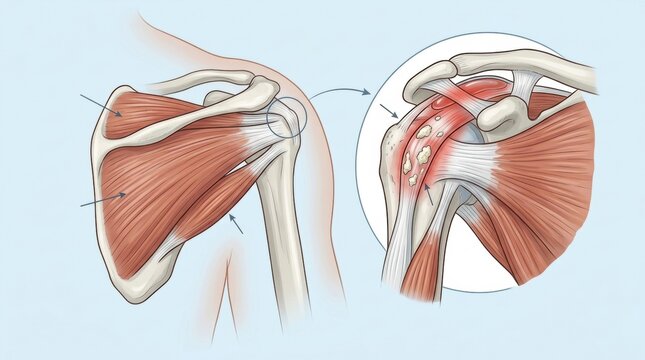 Illustration of shoulder anatomy showing calcific tendinitis and rotator cuff inflammation