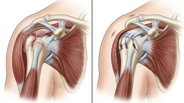 Anatomical illustration comparing a fractured shoulder joint before and after surgical repair