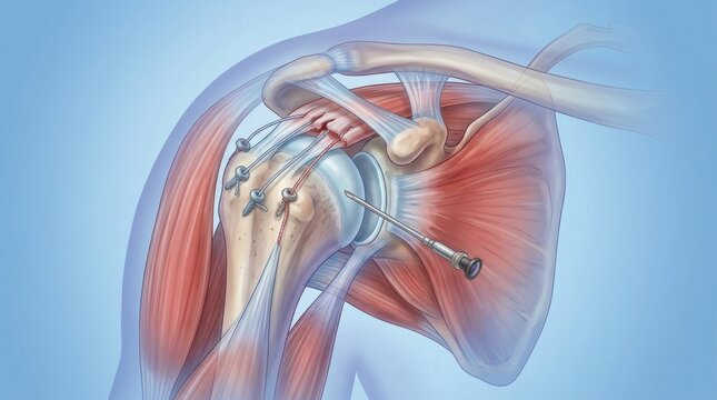 Arthroscopic shoulder surgery illustration showing rotator cuff repair with anchors and sutures