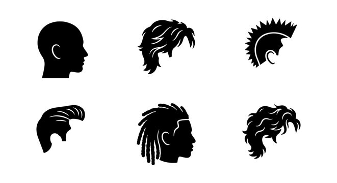 Male hairstyle icons set, black hair silhouette vector, 6 men haircut signs
