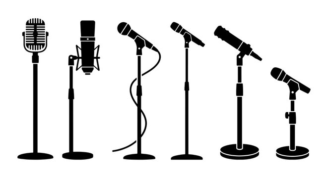 Vintage microphone silhouette set, 6 professional mic icons on stands