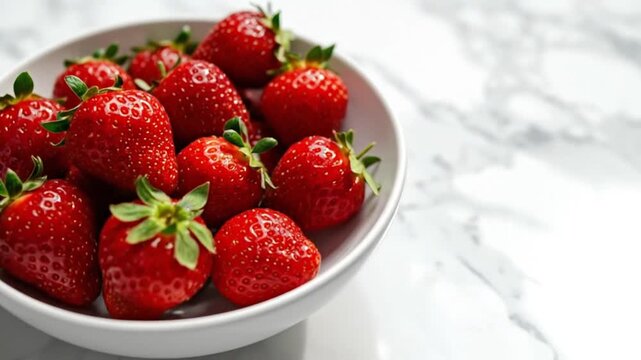 Fresh, ripe strawberries in a white bowl on a marble surface background