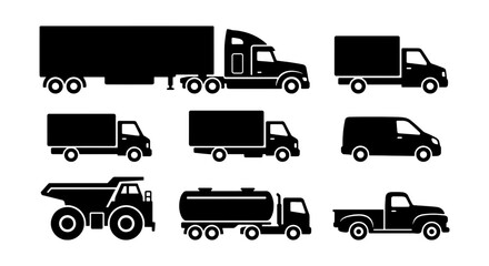 Collection of Black Truck Icons: Delivery, Dump, Tanker, Pickup, Van © Image World