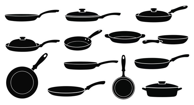 Black silhouette set of various frying pans and cookware