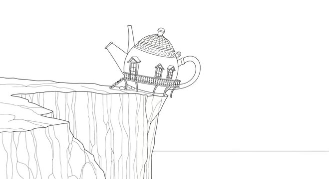 Whimsical Teapot House Perched Precariously on a Cliff Edge
