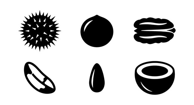Minimalist nut icons, black vector nut set, organic seed silhouettes