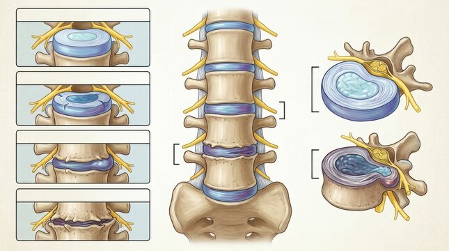 Illustration showing stages of spinal disc degeneration and herniation