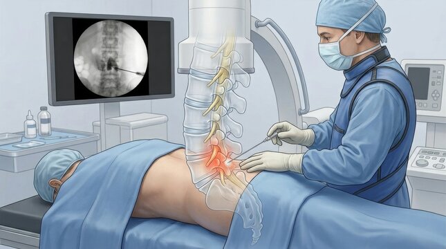 Surgeon performs minimally invasive spinal procedure guided by fluoroscopy imaging