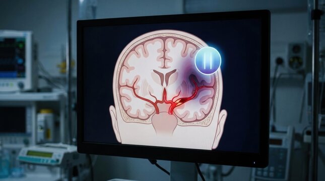 Digital illustration of a brain scan showing a cerebral aneurysm and blood flow blockage