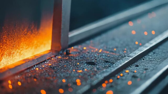 Molten steel glowing brightly and sparks flying downwards onto a textured surface, illustrating intense heat and industrial processes in a metallurgy factory