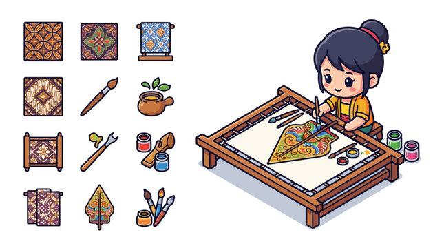 Cute Chibi Girl Character Creating Traditional Indonesian Batik Art on a Wooden Frame with Icon Set of Batik Patterns, Canting Tools, and Brushes Isolated on White Background.