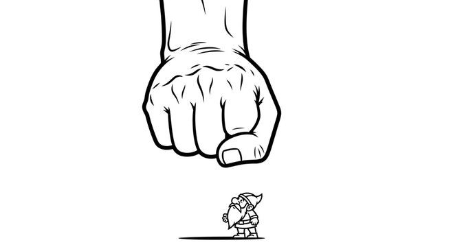 Giant Fist Threatens Tiny Gnome: Power Imbalance, Fantasy, Confrontation, Humor