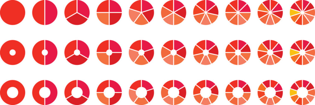 Circle pie chart diagram. ,1,2,3,4,5,6,7,8,9,10 sections or steps. Flat process cycle. Progress sectors.
