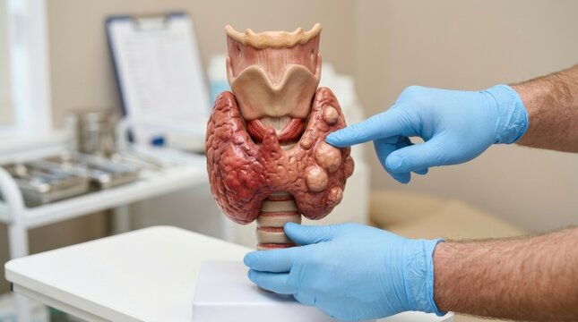 Doctor points to model of thyroid gland with nodules and goiter