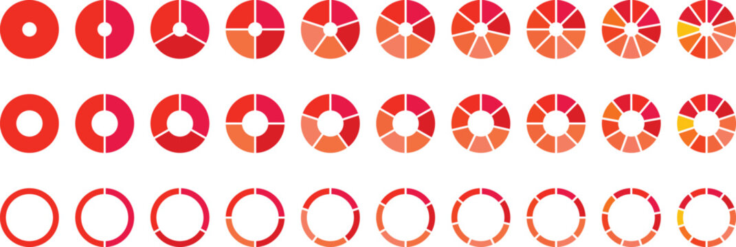 Pie chart set. Colorful diagram collection with1, 2,3,4,5,6,7,8,9,10 sections or steps. Circle icons for infographic, UI, web design, business presentation. Vector illustration.