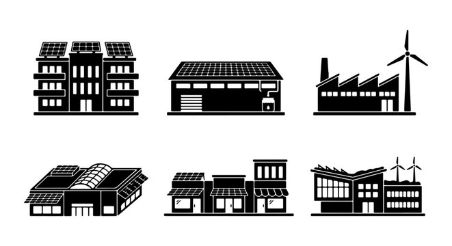 Modern Buildings Set: Eco-Friendly Factories, Solar Power Offices, Retail Shops