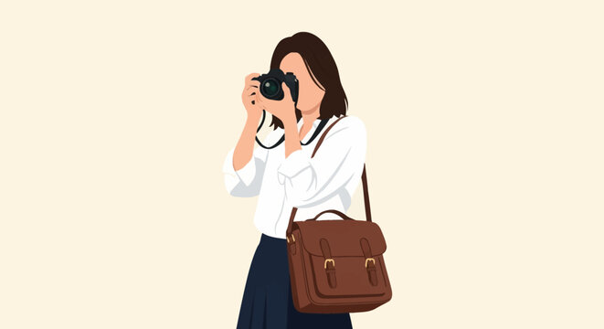 Flat vector illustration of a faceless woman with brown hair in a white shirt and blue skirt, holding a black digital camera and wearing a brown leather messenger bag over her shoulder.
