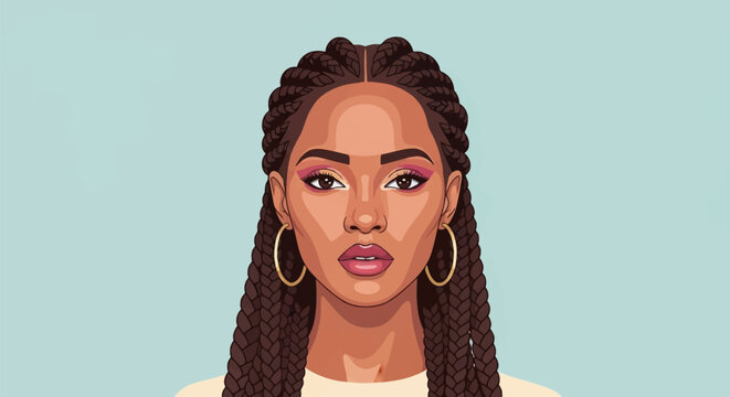 Symmetrical vector portrait of a Black woman with cornrow braids, featuring pink eyeshadow makeup and gold hoop earrings, looking forward against a solid light blue background.