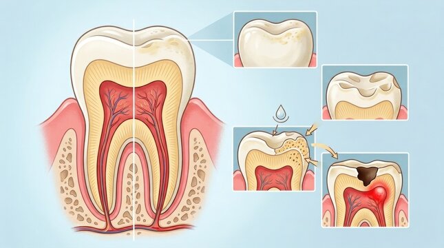 Dental anatomy illustration showing tooth decay progression and internal structure