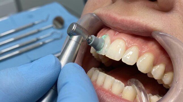 Dentist polishing patient's teeth with a dental drill and polishing paste