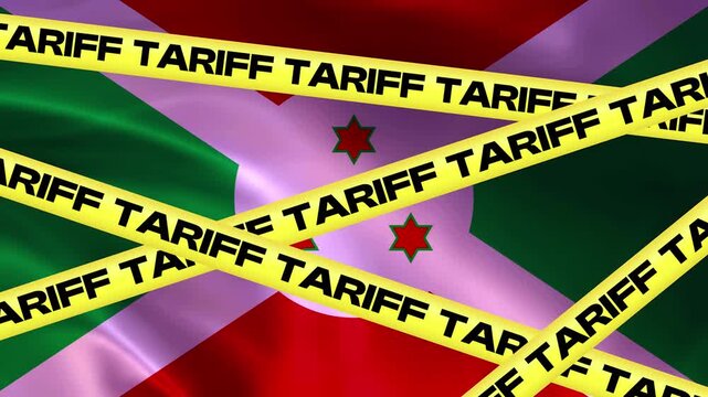 Burundi Flag Under Tariff Warning Tape: The flag of Burundi is partially obscured by yellow caution tape, emblazoned with the word TARIFF repeatedly.