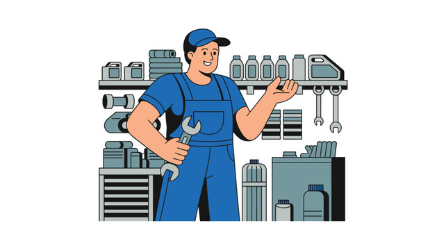 A professional mechanic in blue overalls holds a metallic wrench while standing in an organized workshop filled with automotive spare parts and oil containers on shelves.