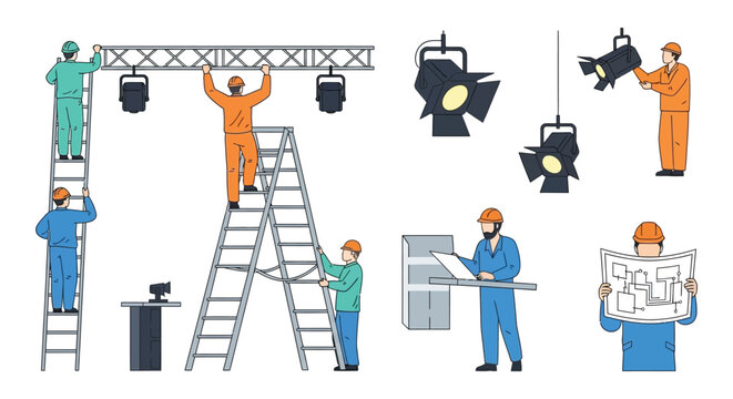 Stage lighting technicians working on rigging and equipment vector illustration