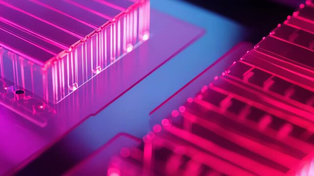 Microfluidic chip system handling liquid samples for biochemical analysis and research, featuring intricate channels and wells illuminated by vibrant neon pink and purple light in a clean laboratory