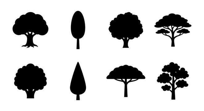 Black tree silhouettes, 8 nature icons vector set, forest plant shapes