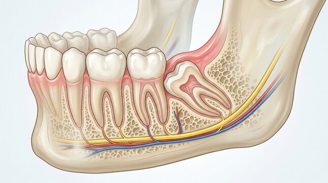 Diagram showing a wisdom tooth impaction and surrounding dental anatomy