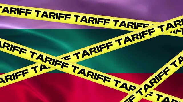 Tariff Barrier on Bulgarian Flag: Yellow caution tape emblazoned with TARIFF stretches across the Bulgarian flag, symbolizing trade restrictions and economic sanctions.
