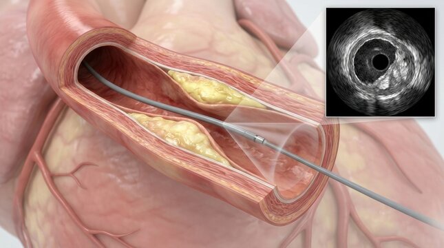 Intravascular ultrasound imaging of a blocked artery with plaque buildup