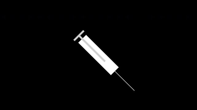 Animated motion graphics clip featuring a stylized syringe with green liquid, isolated on a black background. The needle is angled.