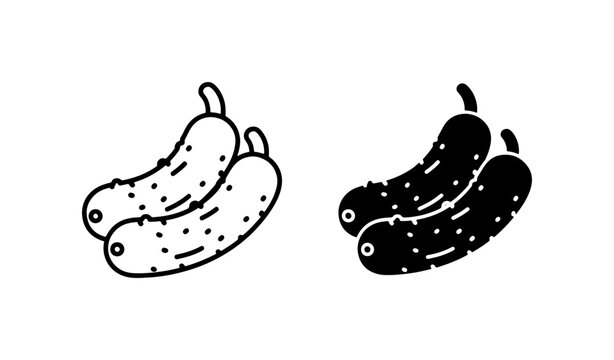 Vector Icons: Two Dill Pickles, Outline and Silhouette, Fresh Produce