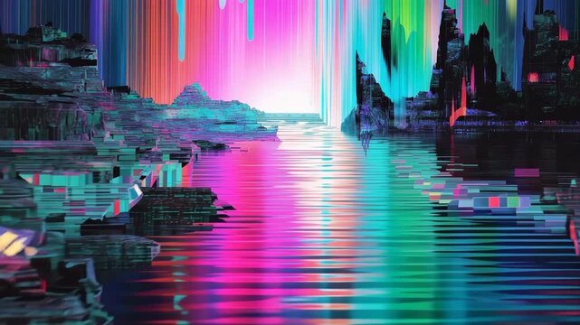 Abstract video glitch art showing colorful patterns over a landscape with water and reflections amidst digital distortions